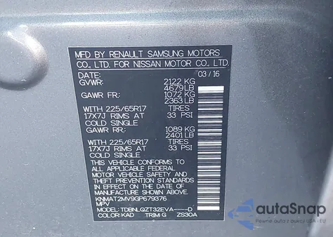 2016 Nissan Rogue Sv from USA, damaged, VIN KNMAT2MV9GP679376